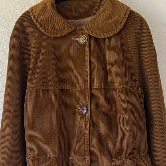 Vintage Camel Brown Corduroy Coat Peter Pan Collar Bracelet Sleeves - Picture 5 of 15
